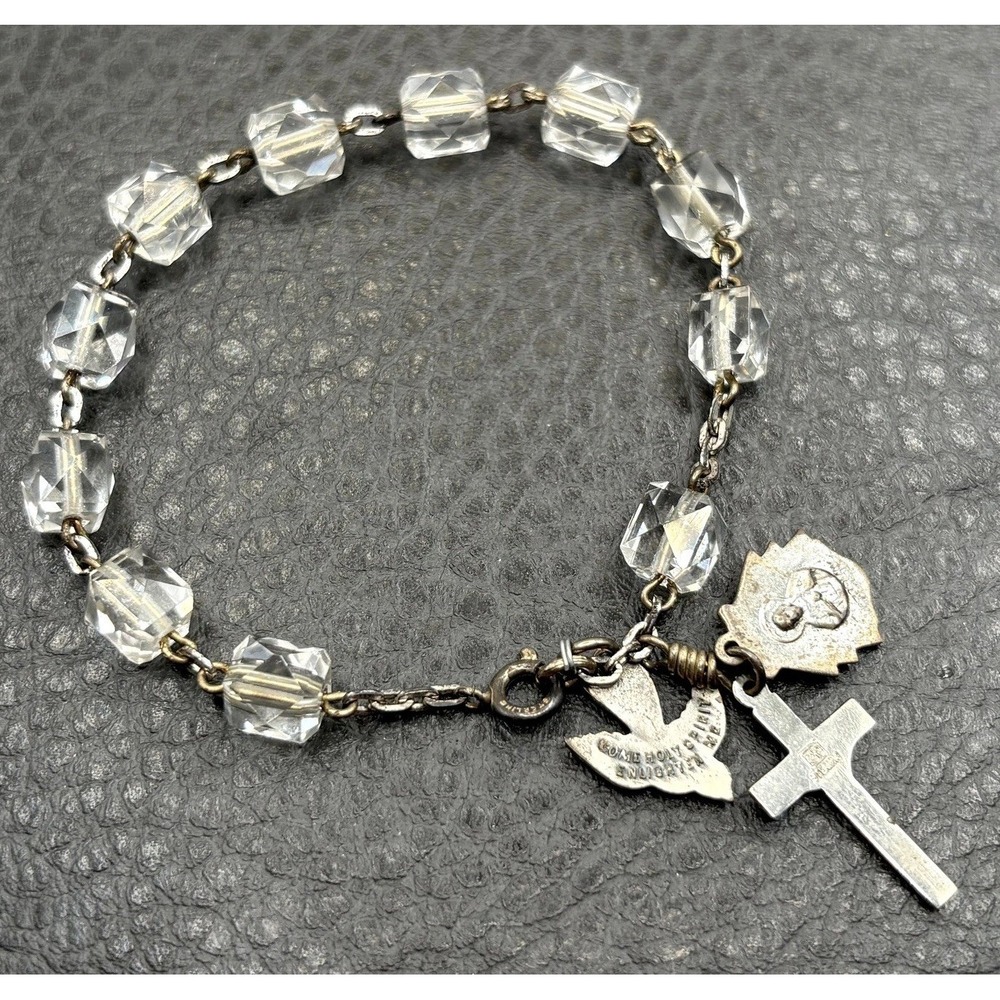 VTG Sterling Silver Rock Crystal Rosary Bracelet Cross Holy Spirit Bird Charm 7"